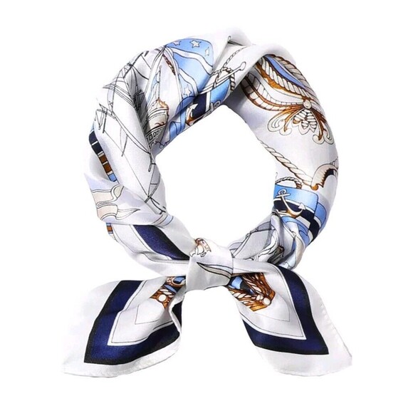 Roizsx Fashion Head Scarf Square Satin for Hair Beach Print Old Ship Navy/White - Picture 3 of 12